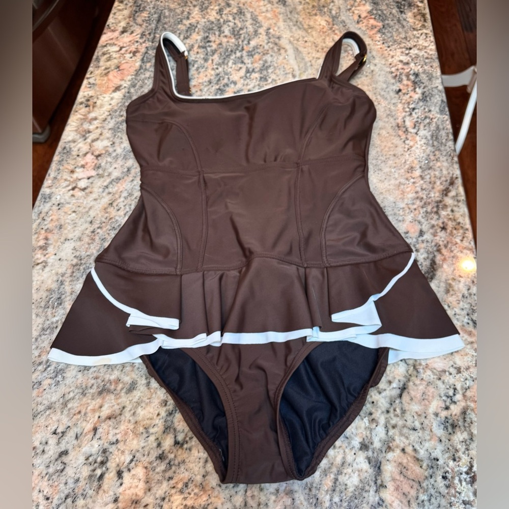 New Shore Shapes Swimwear one piece swim bathing suit. Cream and brown